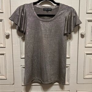 Catherine Malandrino Metallic Silver Flutter Sleeve Top